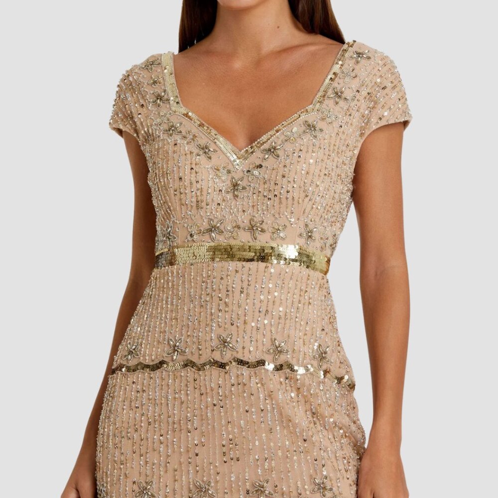 $698 Mac Duggal Size 4 Beaded Sequin Nude Beige Gold Long Column Gown Maxi Dress - Picture 5 of 6